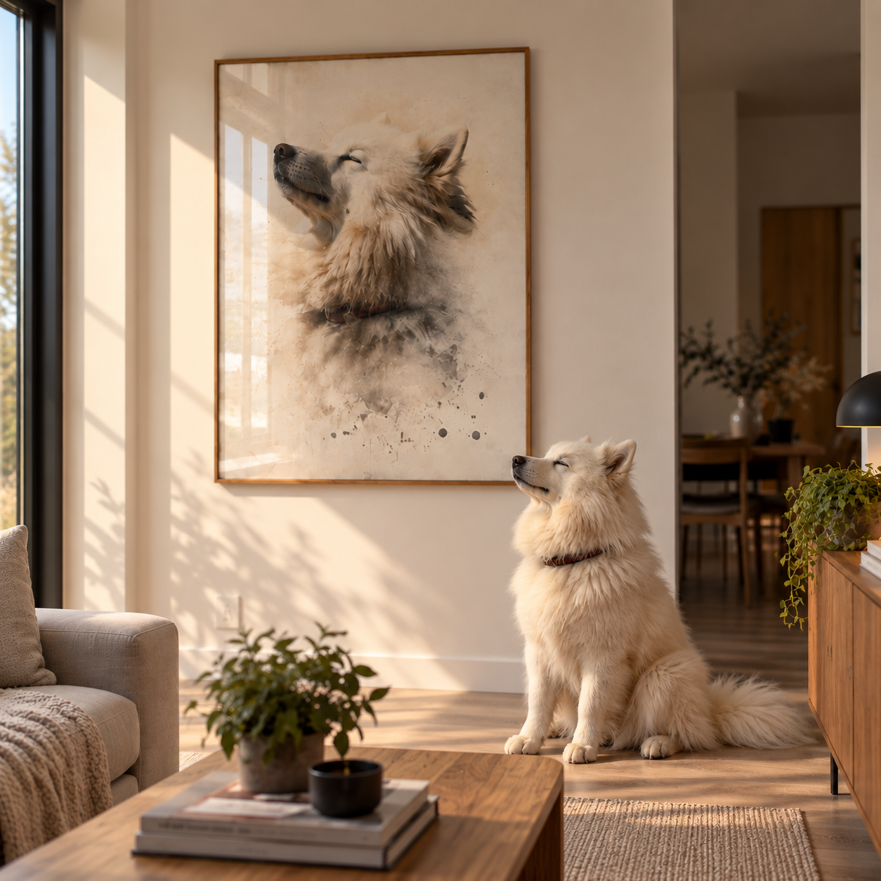 Hund som ser på sitt eget portrett på veggen