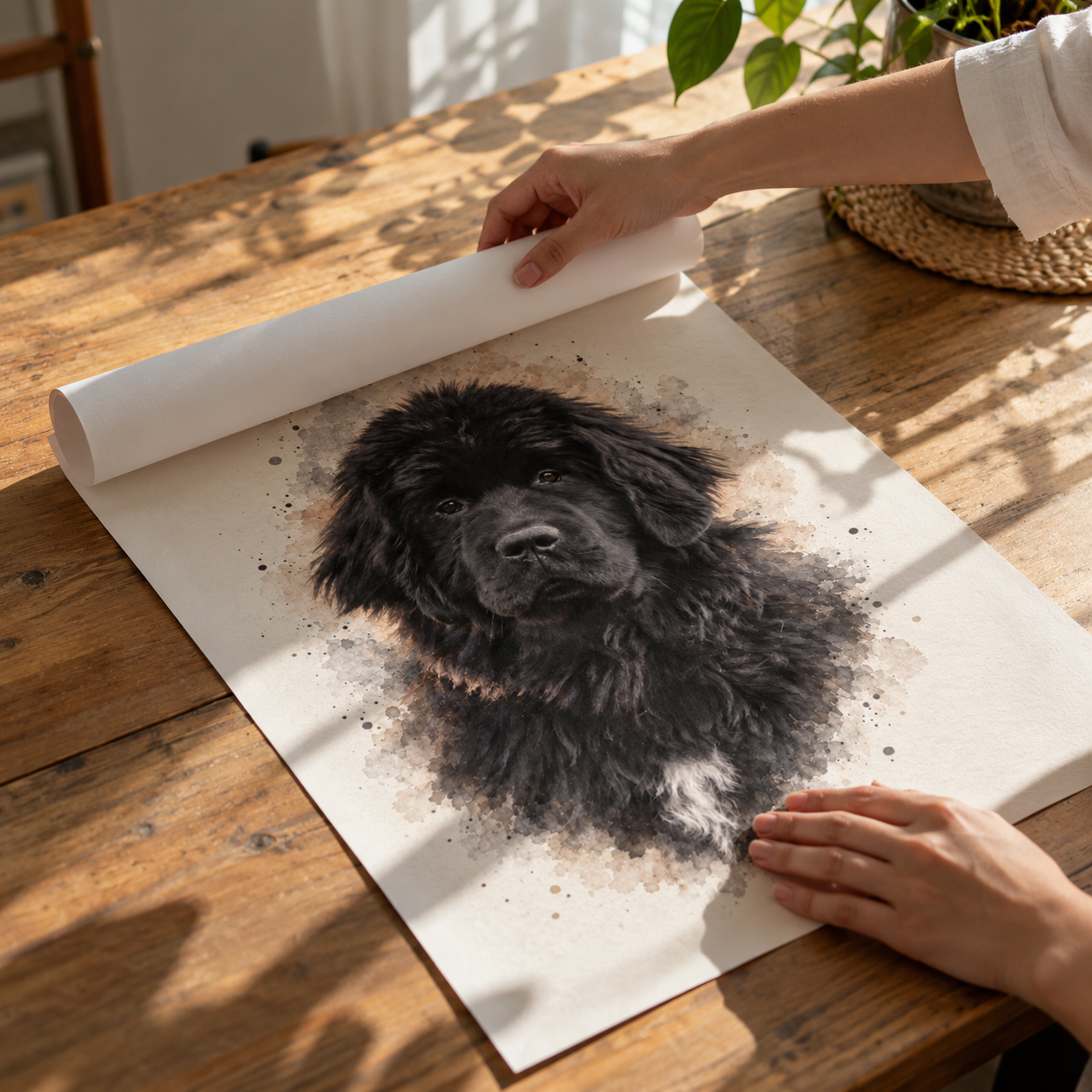 Akvarellportrett av en hund i et lyst hjem – papirstrukturen sees i bildet